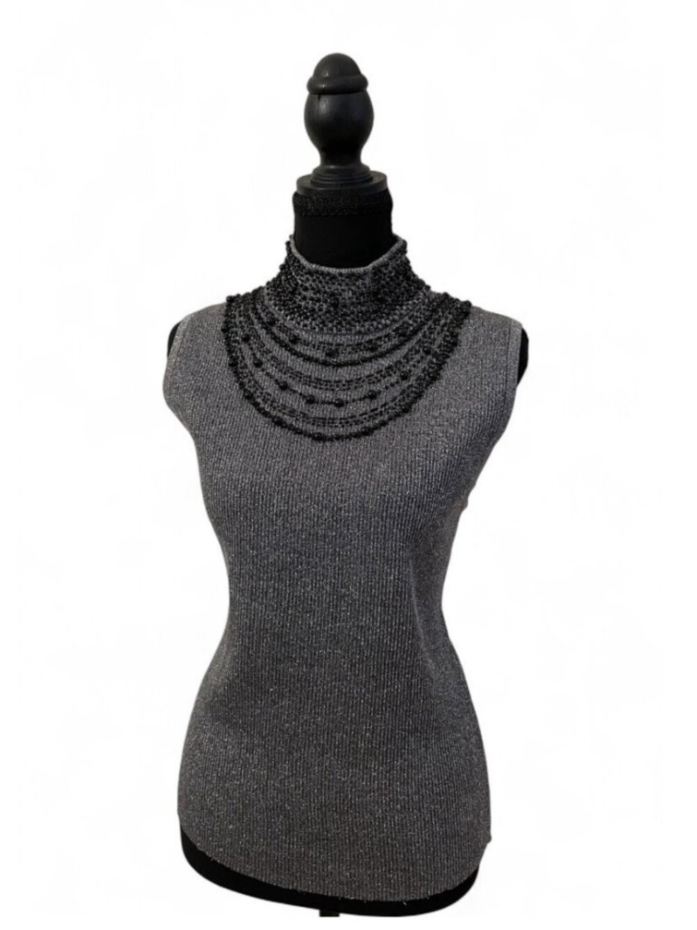 Vintage Mock Neck Silk Tank Metallic Gray Embellished Beaded Sleeveless Blouse L